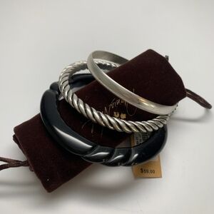 NEW Patricia Nash 3 Piece Bangle Set Twisted Silver Black Resin
